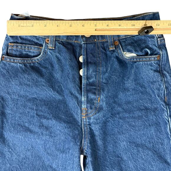 Reformation Medium Blue Button Fly Cynthia High Rise Long Straight Jeans size 23 - Picture 7 of 10